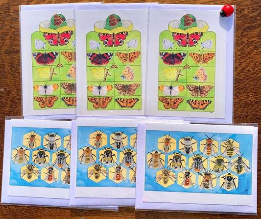 'Flybee' multipack A6 cards 6 for £10 - 3 x British bees and 3 x British butterflies